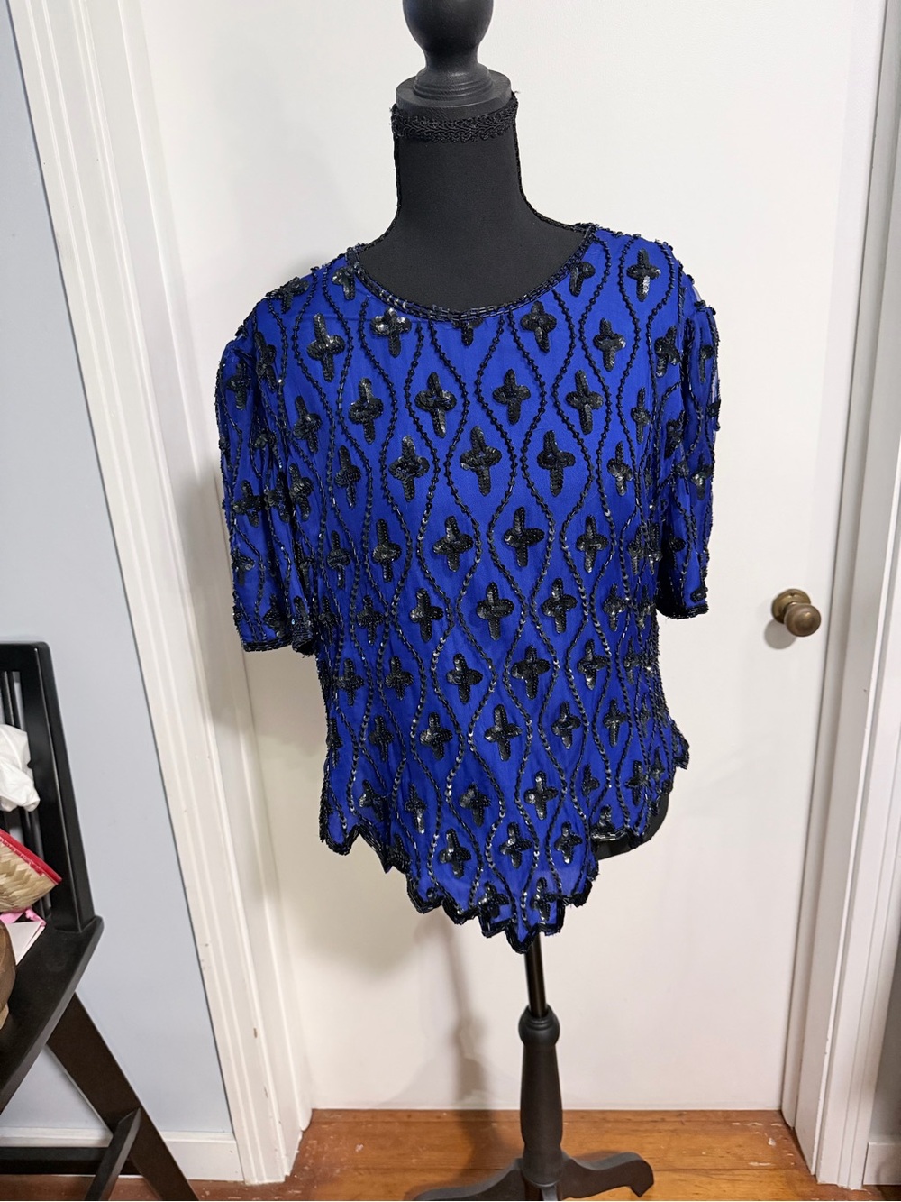 Laurence Kazar Cobalt Blue Beaded Short-Sleeve Top